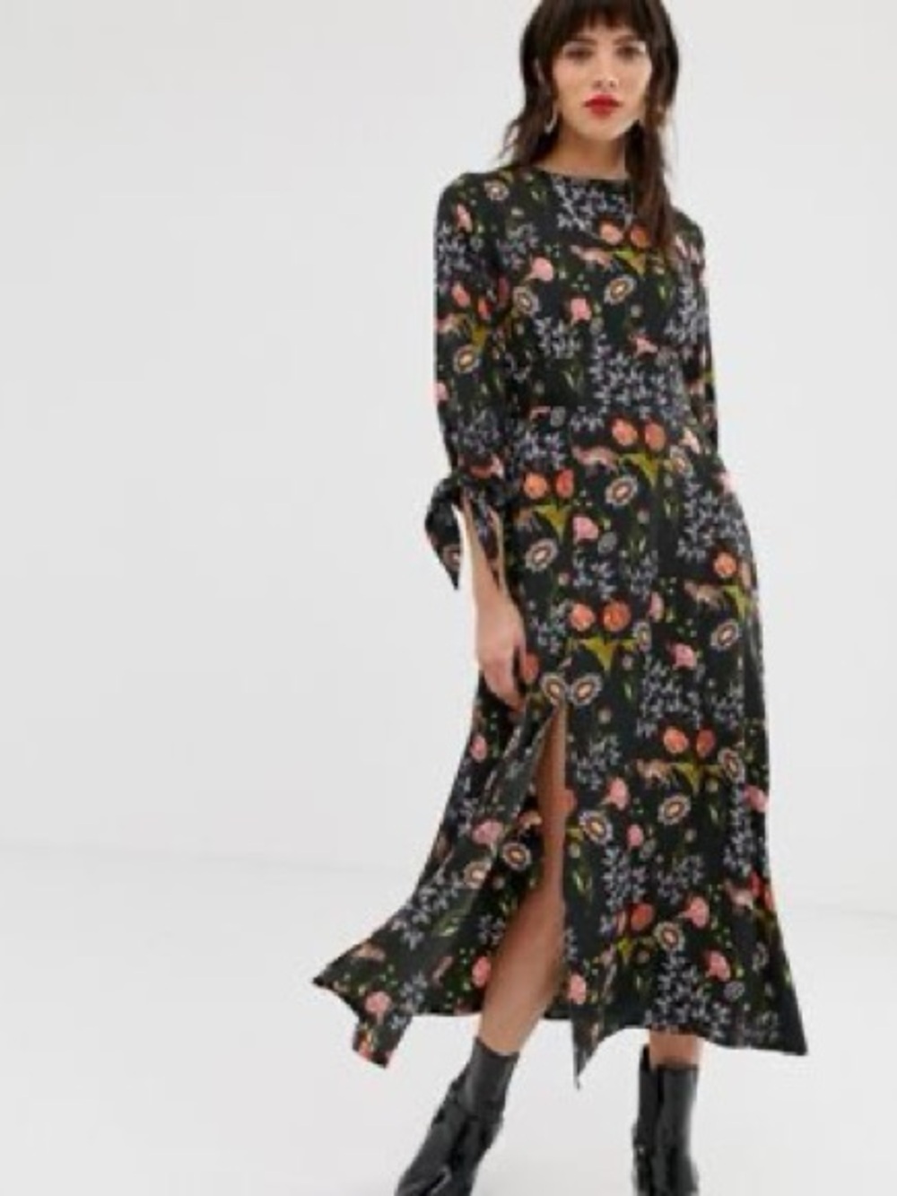 ASOS Black Floral Tie-Sleeve Midi Dress - Picture 11 of 11